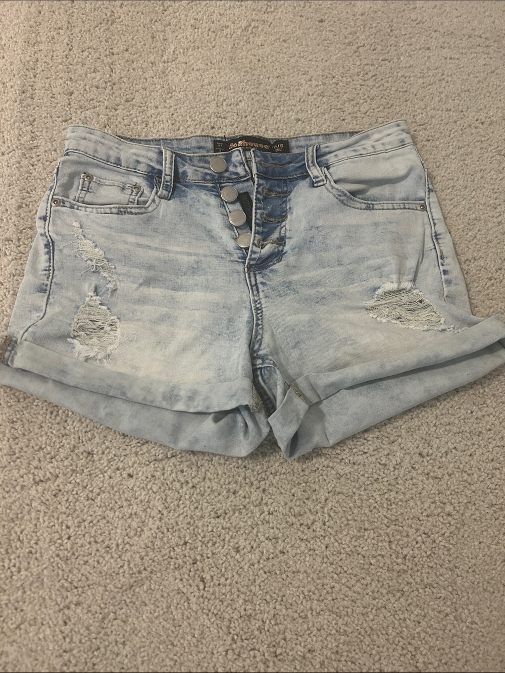 Dollhouse Light Blue Distressed High-Rise Denim Shorts - Picture 1 of 6